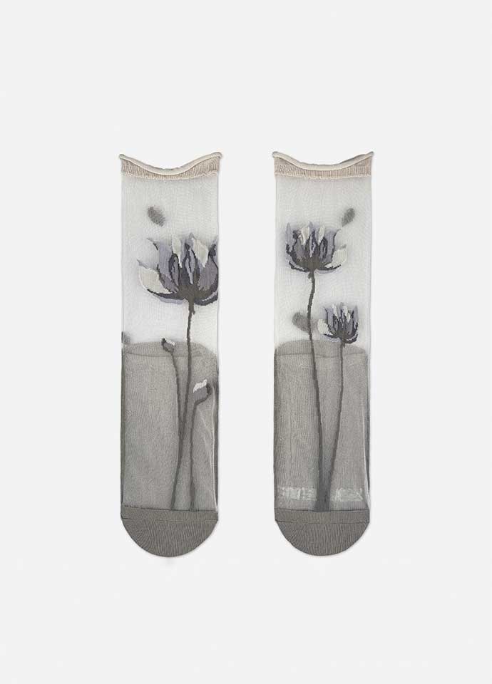 靜謐花影透紗不對稱設計中長襪